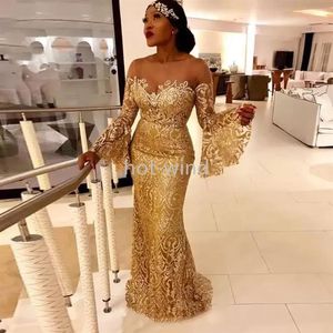 NIEUWE arabische 2022 Prom Jurken Lange Mouwen Gold Lace sparkly Avondjurk Illusion Hals Mermaid Arabisch Afrikaanse Formele Gowns EE2453