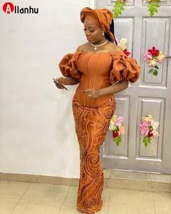 NIEUWE! Arabisch ASO EBI OFF SCHOUDER Mermaid Prom Dresses 2022 Oranje Kant Lange Mouwen Plus Size Formele Party Second Reception Avondjurk