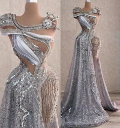 NOUVEAU Arabe Aso Ebi Sparkly Argent Luxueux Robes De Bal Perles Cristaux Soirée Formelle Deuxième Réception Anniversaire Robes De Fiançailles Robe