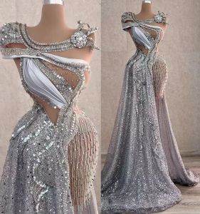 Nouveau arabe Aso Ebi brillant argent luxueux occasion formelle robes de bal perles cristaux soirée formelle fête deuxième réception anniversaire robes de fiançailles robe