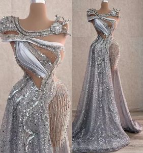NUEVO Árabe Aso Ebi Sparkly Silver Lujosos vestidos de baile Cristales con cuentas Noche Fiesta formal Segunda recepción Cumpleaños Vestidos de compromiso Vestido