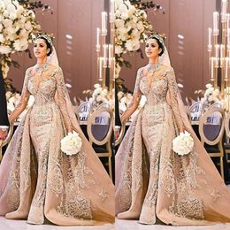 Nouveau arabe Dubaï robe de mariée à manches longues magnifique col haut 2020 sirène dentelle appliques détachable train robe de mariée robe de 341P