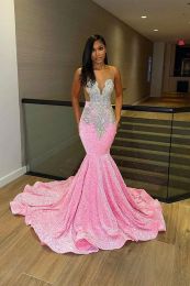 Nieuwe Arabisch Dubai Pink Prom Dresses Sexy Sheer Jewel Neck Mermaid Peads Long Evening Jurkens Vestidos de Bal voor zwarte meisjes BC18393 0528