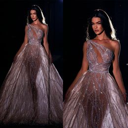 Nieuwe Arabische illusie Sparkly zeemeermin avondjurken sexy een schouder pailletten kralen prom Formal Party Vestidos de