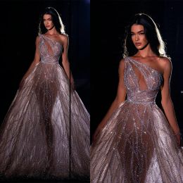 NIEUWE Arabische Illusion Sparkly Mermaid Avondjurken Sexy Een Schouder Pailletten Kralen Prom Formele Party vestidos de BC18384