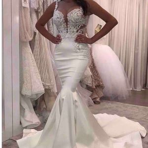 Nouvelles robes de mariée sirène arabes bretelles spaghetti dentelle appliques perles illusion robe d'invité de mariage, plus la taille robes de mariée formelles personnalisées
