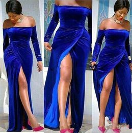 Nieuwe Arabische plus -size avondjurken Bateau Neck Royal Blue Veet lange mouwen schede zijde Split African Black Girl Party Prom -jurken