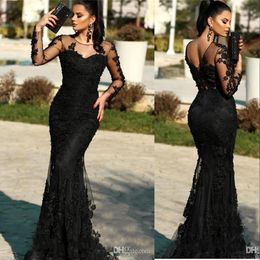 Nieuwe Arabische Sexy Zwart Avondjurken Slijtage Kant Applicaties Kralen Sheer Lange Mouwen Sweep Train Mermaid Plus Size Celebrity Party Prom Jurken