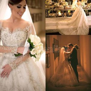Nouvelles robes de mariée arabes pure luxe dentelle perlée appliques à la main 3D floral à manches longues cathédrale plus la taille robes de mariée BA99282f