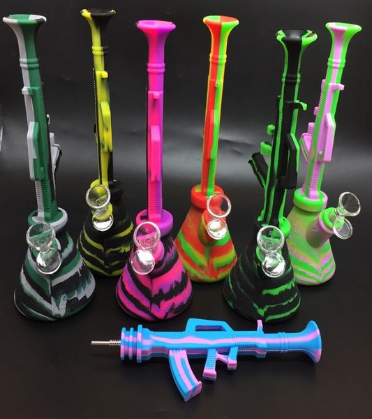 Nueva llegada 10.6 '' forma de ametralladora ak47 vaso de precipitados bong tuberías de agua portátil de silicona bong de agua kit de colector de nector de silicona Titanium6109777