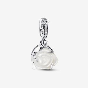 Nieuwe aankomst 100% 925 Sterling Silver White Rose in Bloom Double Dange Charm Fit originele Europese bedelarmband mode sieraden accessoires