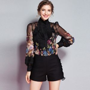 Vrouwen Ruches Bloemen Gedrukt Lange Mouwen Elegante Mode Ontwerper Zijden ShirtsBlouses