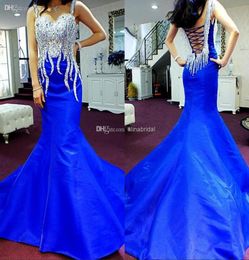 NUEVA LLEGA 2018 Vestidos de noche Sweetheart Correas Sexy Backless Mermaid Court Train Luxury Beaded Long Royal Blue Formal PA1463639