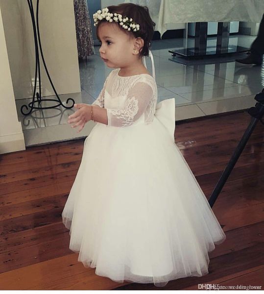 Nuevo Llegada Real Princess Bola Vestido Flower Muchacha Vestidos de manga larga Duración del piso Puffy Tulle Lace Top Niños Vestido para la boda