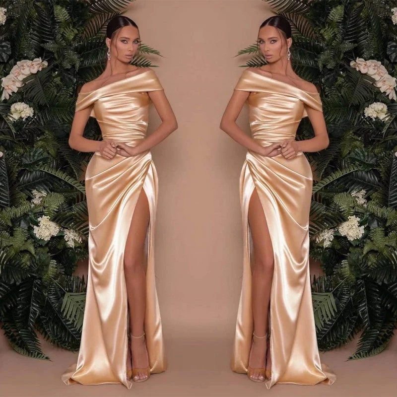 Elegant Champagne Gold Mermaid Bridesmaid Dresses Off The Shoulder Charmeuse Prom Dress Split Evening Gowns