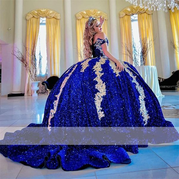 Nouveauté 2023 Royal Blue Paillettes Robe De Bal Quinceanera Robes Sparkle Golden Lace Appliques Perles Cristaux Robes De 15 Anos 322