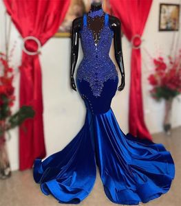 Robe de bal longue bleu Royal pour filles noires, avec perles, diamants et strass, fente latérale, robe de fête d'anniversaire, nouvelle collection 2024