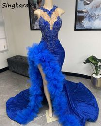 Nieuwe aankomst 2024 Sparkly Royal Blue Mermaid Prom Crystal Rhinestones Ruffles Special Party Dress Jurken Robe de Bal
