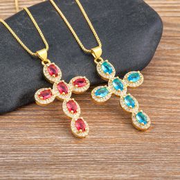 Collier pendentif croix 5 couleurs pour femmes et hommes, chaîne à maillons, or jaune 14k, grand Zircon brillant, bijoux exquis de mariage, nouvelle collection