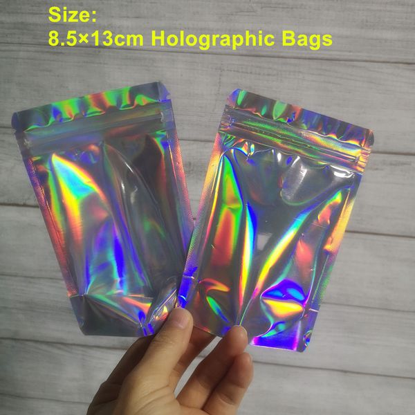 8.5x 13cm Bolsas de embalaje PET Accesorios holográficos Color de almacenamiento Paquete con cremallera plana Láser Mylar Bolsa Reutilizable Papel de aluminio Bolsa segura para alimentos Embalaje