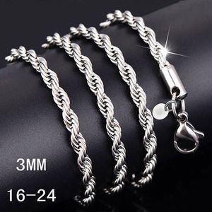 925 Sterling Zilveren Ketting Kettingen Pretty Cute Fashion Charm 3MM Touw Twist Chain Kettingen hiphop Sieraden 16-30 inch