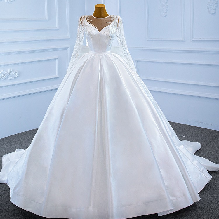 Ny ankomst A-Line Bride Wedding Dress 2024 Sheer Neck Long Illusion Hyls Embrodery Lace Satin Bridal Bowns Vestidos Noiva Robe de Mariee