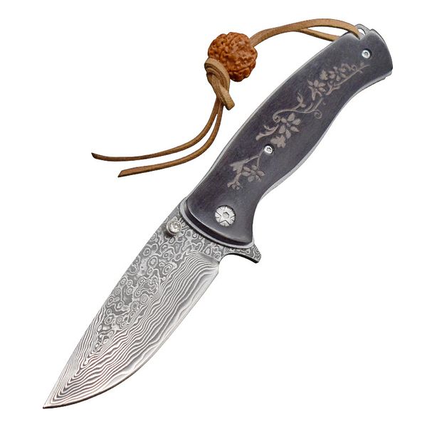 Nueva llegada A1899 Cuchillo plegable Damasco Acero Punto de caída Hoja Mango de ébano Rodamiento de bolas Apertura rápida EDC Carpeta de bolsillo Cuchillos El mejor regalo para hombres