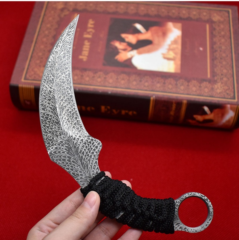 Ny ankomst A1901 Karambit Knife 420C Laser Mönster Blade Full Tang Paracord Handle Fixed Blade Tactical Claw Knives With Leather Mante
