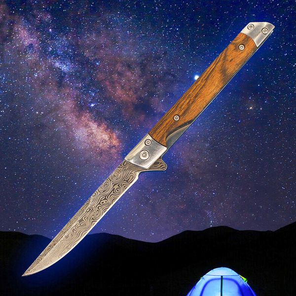 Nueva llegada A2367 Flipper Cuchillo plegable 3Cr13Mov Patrón láser Hoja de punto de caída Mango de hoja de madera / acero Cojinete de bolas Cuchillos de bolsillo EDC de apertura rápida con funda de cuero