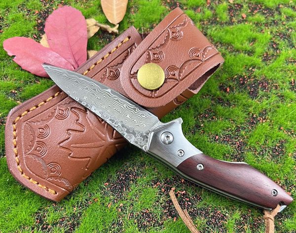 Nueva llegada A6709 Cuchillo plegable de alta calidad Damasco Damasco Blade Mango de palo de madera Rodamiento de bolas Aftando al aire libre Caminata de pesca EDC Knives