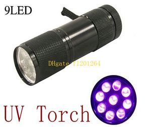 Livraison gratuite nouveauté aluminium 9 LED torche lampe de poche UV 395 ~ 400 NM Flash Light, 50 pcs/lot