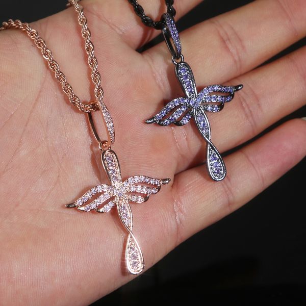 Nouvelle arrivée Ange Aile Croix Charme Pendentif Collier avec Corde Chaîne Hip Hop Femmes Hommes Plein Pavé 5A Cubique Zircone Boss Hommes Cadeau Bijoux