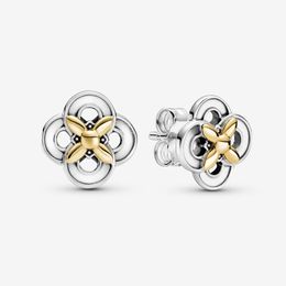 Nieuwe aankomst Authentiek 925 Sterling Silver Two-Tone Flower Stud oorringen Fashion Earrings sieraden Accessoires voor vrouwencadeau