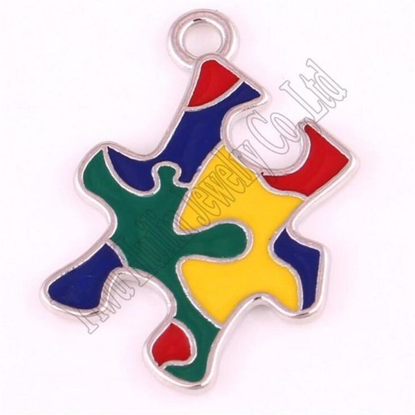 Nouveauté pendentifs de sensibilisation à l'autisme avec trous Puzzle pièce motif de puzzle émail appliqué à la main couleurs Charm258k