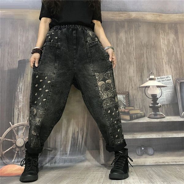 Nouvelle Arrivée Automne Arts Style Femmes Taille Élastique Lâche Casual Coton Denim Sarouel Vintage Imprimer Jeans Plus La Taille S617 201029