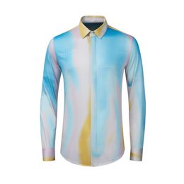 Nouvelle arrivée Automne Hommes Graduel Bleu Lettre Numérique Imprimé 100% Coton Chemise Style National Mince Style Spécial Hommes Porter M-4XL