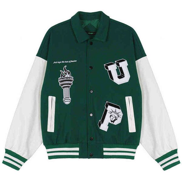 Nouvelle arrivée Automne Patchwork Vert Graphique Broderie Hommes Baseball Letterman Veste Femmes Bomber Veste Varsity Stadium 2021 T220728