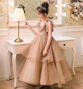 Nouvelle arrivée robe de bal robes de demoiselle d'honneur tulle doux avec paillettes d'or chocolat clair