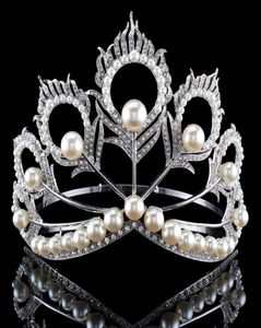 Nieuwe aankomst Big Size 2017 Miss Universe Same Crown Full Round Verstelbare Silver Pearl Peakcock Feather Tiara Pageant 2102035056133