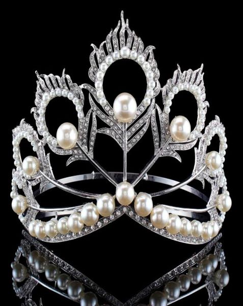 Nouveauté grande taille 2017 Miss Univers même couronne ronde réglable en argent perle Peakcock plume diadème concours 2102035056133