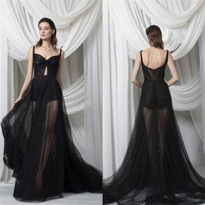 Nouvelles robes de soirée noires à l'arrivée en V couche appliques en dente