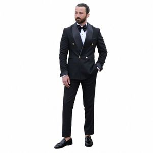 Nouveauté Noir Mens Costume 2024 Châle Revers Double Poitrine Slim Fit Busin Formel 2 Pièces Costume Blazer Pantalon Costume Homme p3Ow #