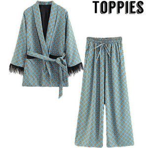 Nieuwe aankomst blauw bedrukt kimono jas met veren mouwen breed poot losse cuasale broek vrouwen vintage kledingpakken T200114