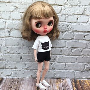 Nouvelle arrivée Blyth Doll Vêtements T-shirt blanc chat mignon et short noir pour blythe Barbie ob22 ob24 Azone Dolls Accessoires