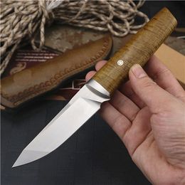 Promotion survie couteau droit 14C28N Satin Drop Point lame manche en érable lame fixe couteaux de chasse avec gaine en cuir