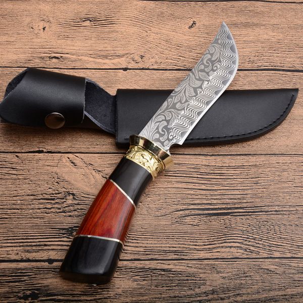 Cuchillo de caza recto de supervivencia Bowie Blade, cuchillas de acero 440C, mango de madera con Funda de cuero, novedad