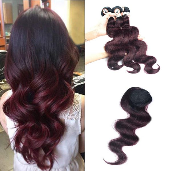 Nouvelle Arrivée Brésilienne Ombre Bundles De Tissage De Cheveux Humains Avec Top Dentelle Fermeture Cheveux Tourbillon Vague De Corps 1B / 99 # Rouge Clair Extensions De Cheveux Vierges