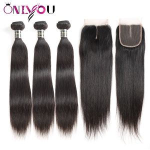 Bundles de cheveux humains vierges brésiliens droits 3 faisceaux avec 4x4 Top Lace Closure Weave Weave Remy Extensions de cheveux humains Drop Shipping