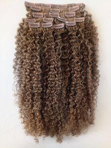 Clip de trame de cheveux brun clair vierge brésilienne en extensions de cheveux humains remy bouclés crépus 9 pièces 100g un ensemble