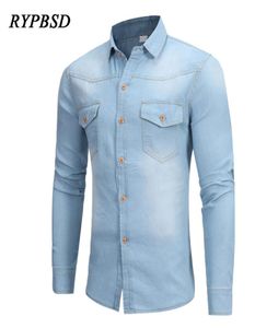 Nieuwe Collectie Britse Gewassen Denim Shirt Mannen Lange Mouw Casual Slim Fit Camisa Masculina Jurk Klassieke Lichtblauw Jean Shirt heren8341342